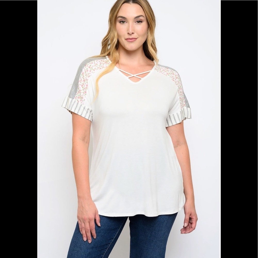 Plus Size Floral and Striped Contrast Top - White